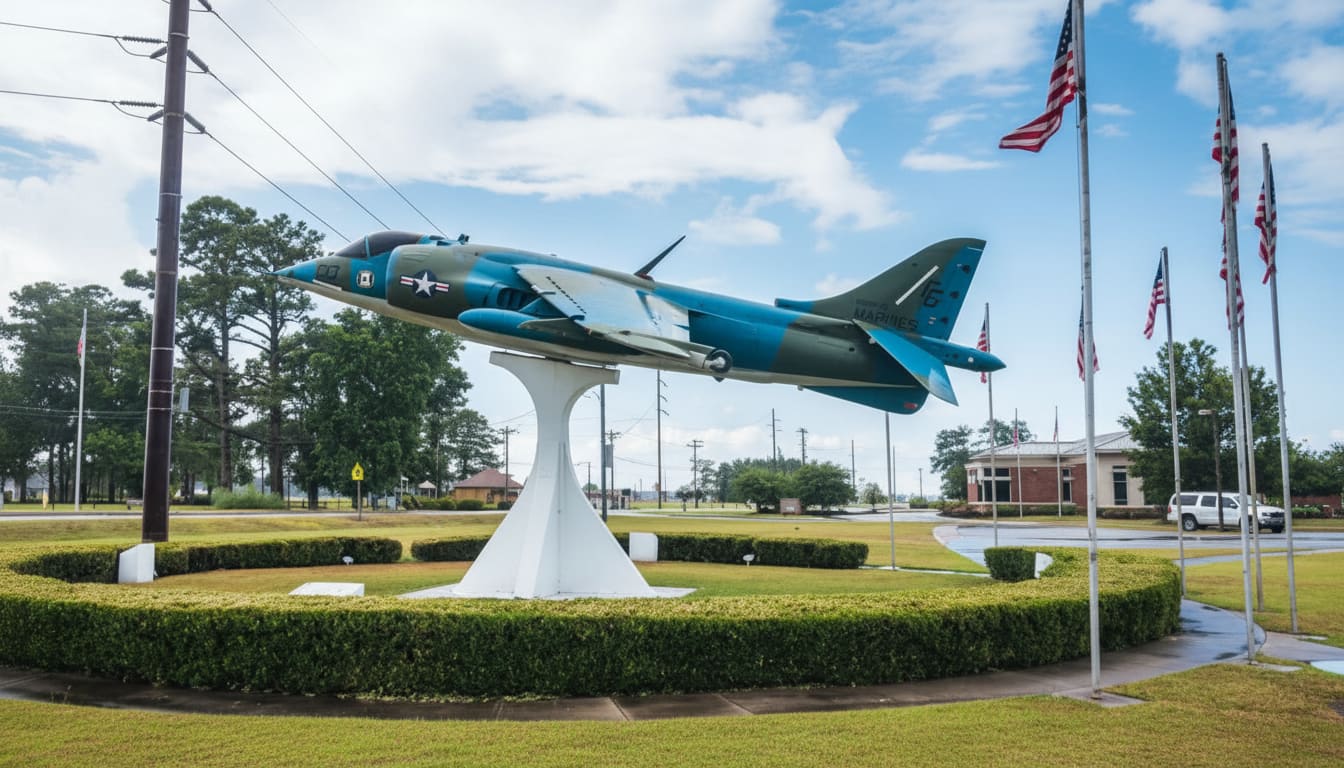 A Harrier jet on a display pedestal with American flags
