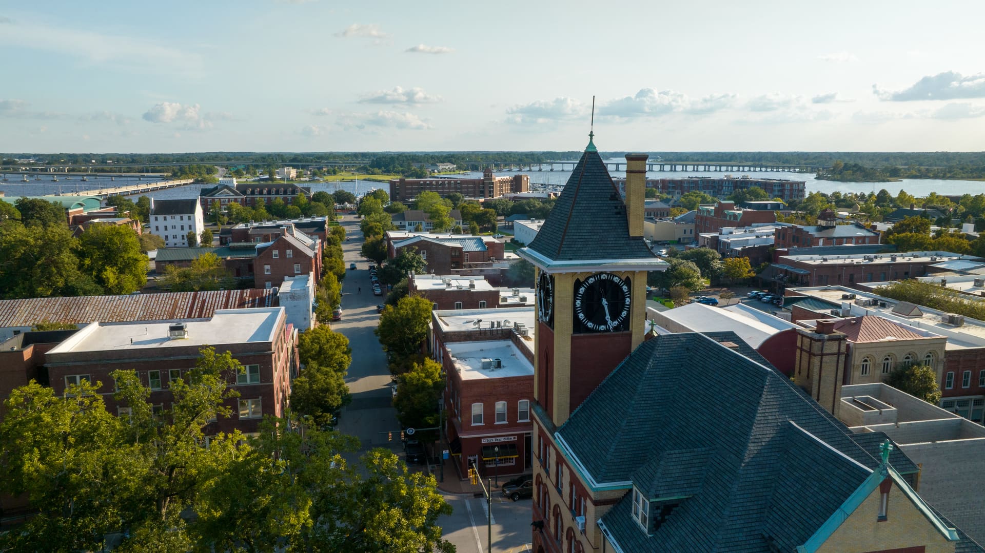 Downtown New Bern, North Carolina from above, with City Hall and the Trent River
