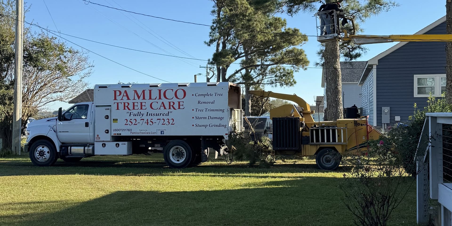 Pamlico Tree Care job site, truck, chipper, and lift in action